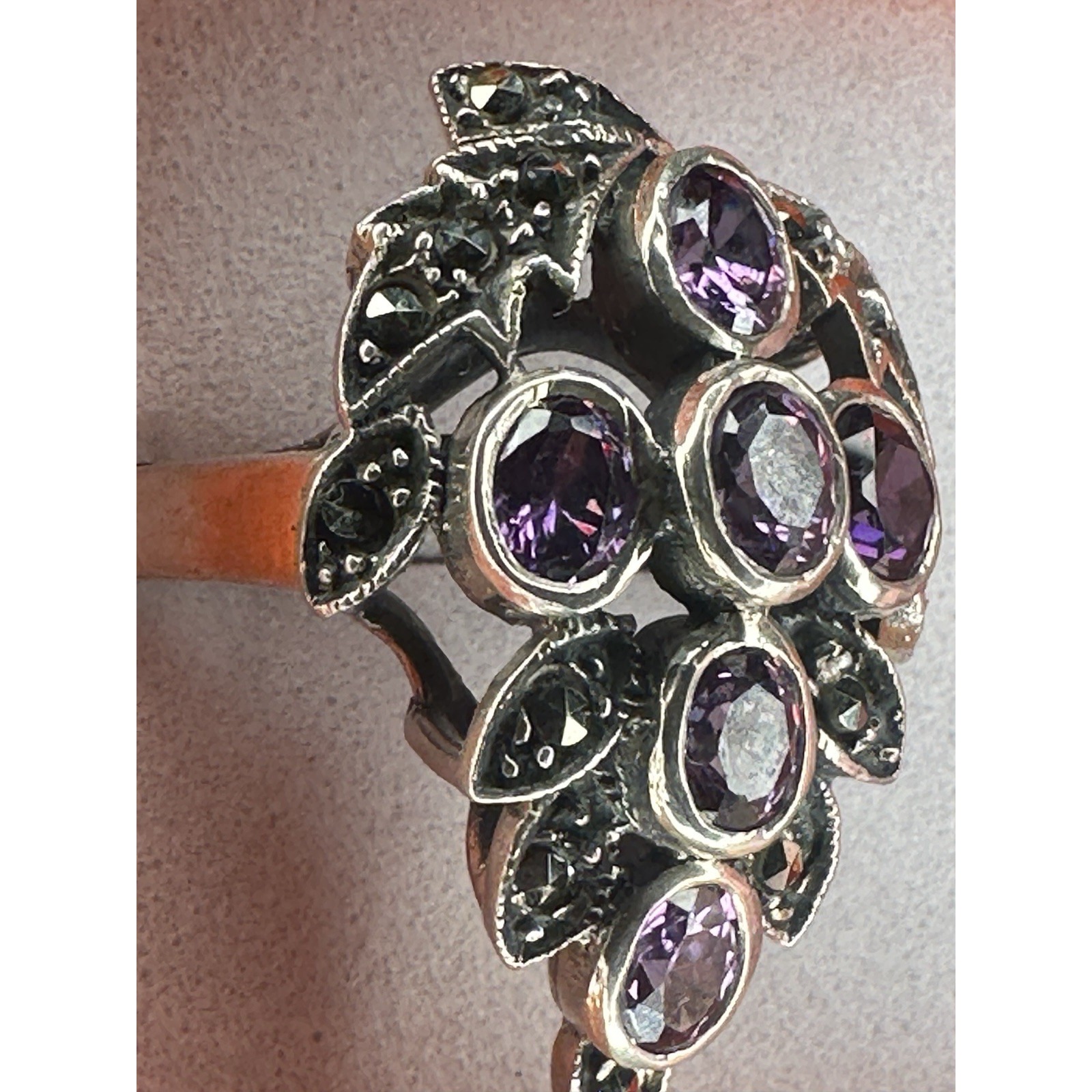 Vintage Ibb Sterling Silver Amethyst Cluster Marcasite Ring Size 8.75